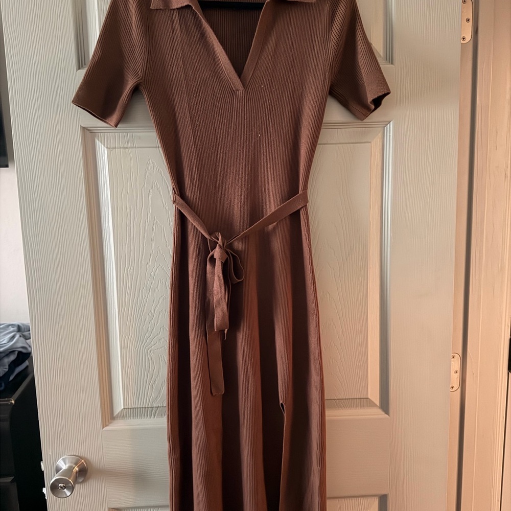 PAIGE Chocolate Brown Ribbed Midi Dress with Tie Waist